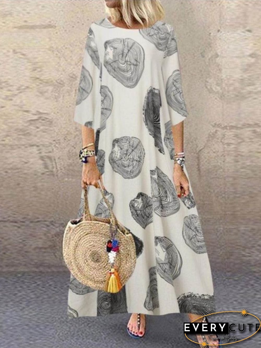Vintage Cotton Print A-Line Round Neck Casual Maxi Weaving Dress
