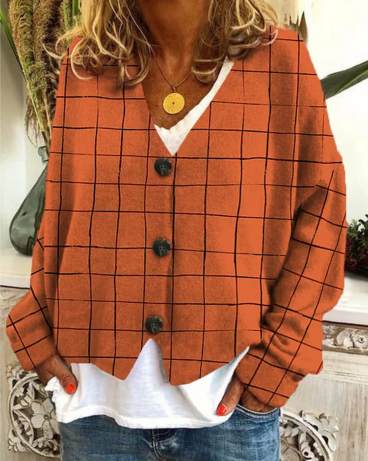 Fashionable Printed Casual Loose Buttoned Flannel Cardigan