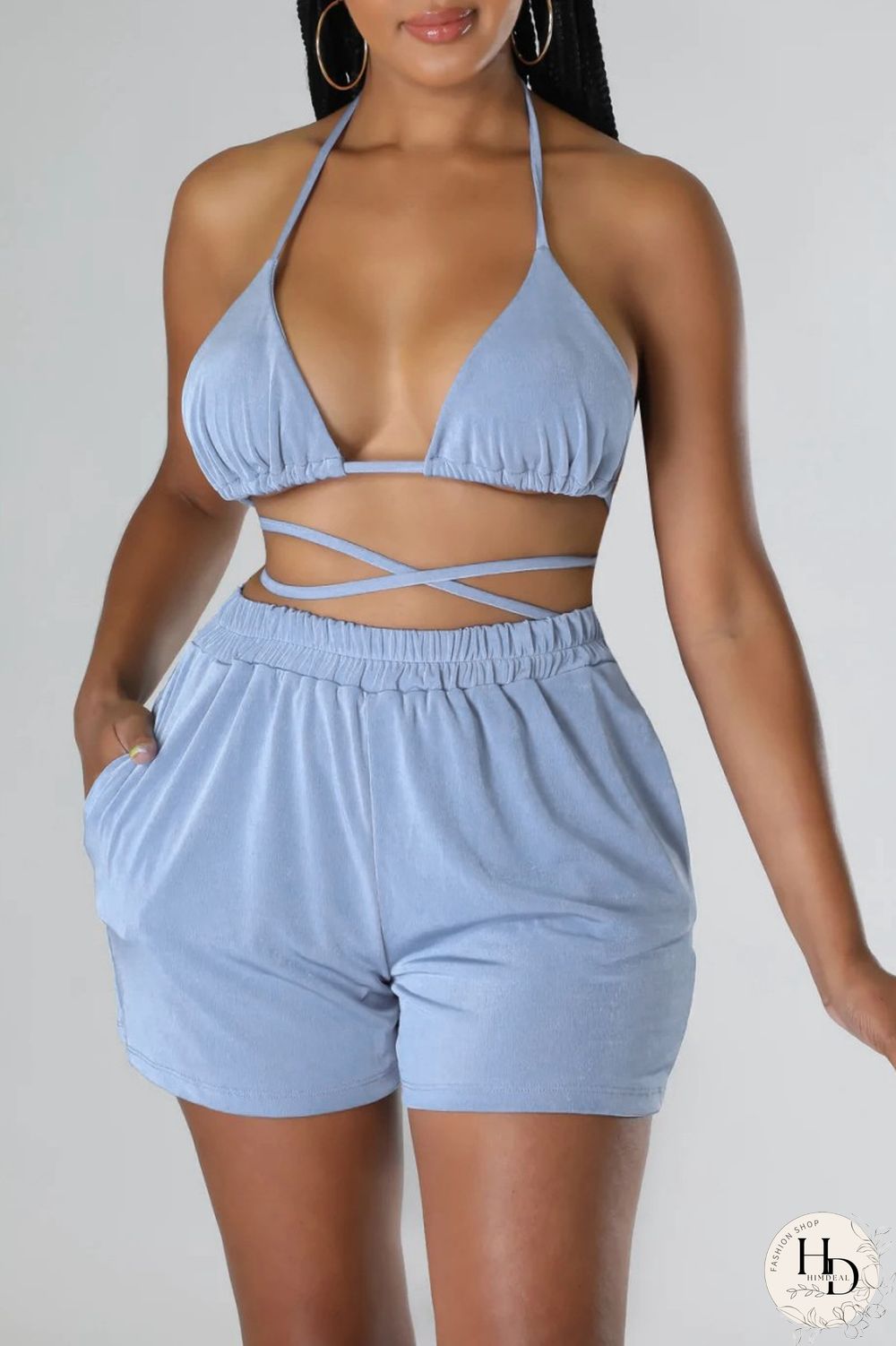 Blue Sexy Casual Solid Frenulum Shirt Collar Short Sleeve Three Piece Set