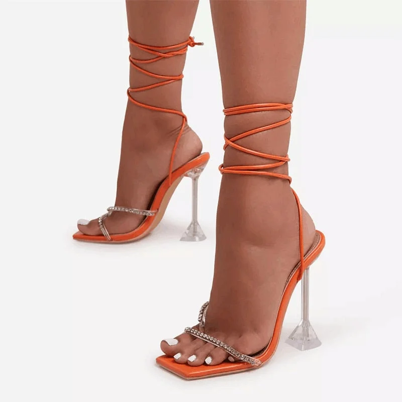 Women Sandals Sexy Summer Shoes Gladiator Clip Toe High Heels Bandage Buckle Strap Pumps Squre Toe Ladies Party Fashion Stiletto