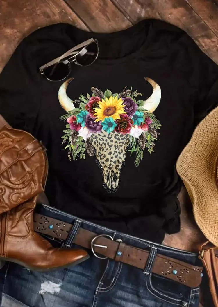 Western Bull Skull Leopard And Flower Print Vintage Tee