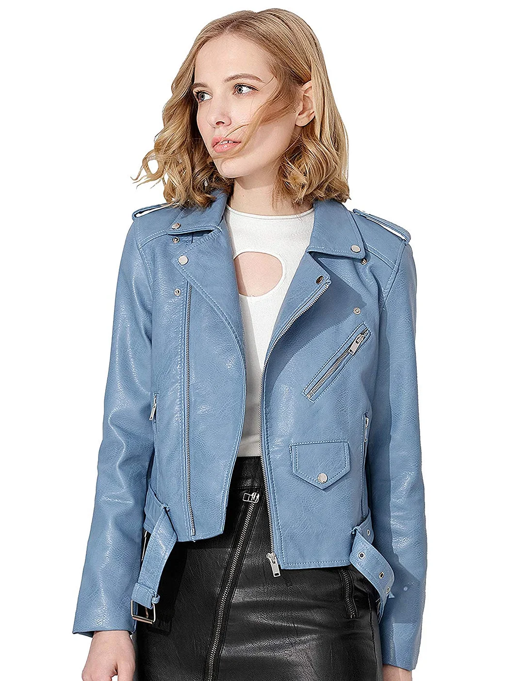 Women's Faux Leather Textured Short Moto Jacket Zip-up Slim PU Biker Coat with Pockets