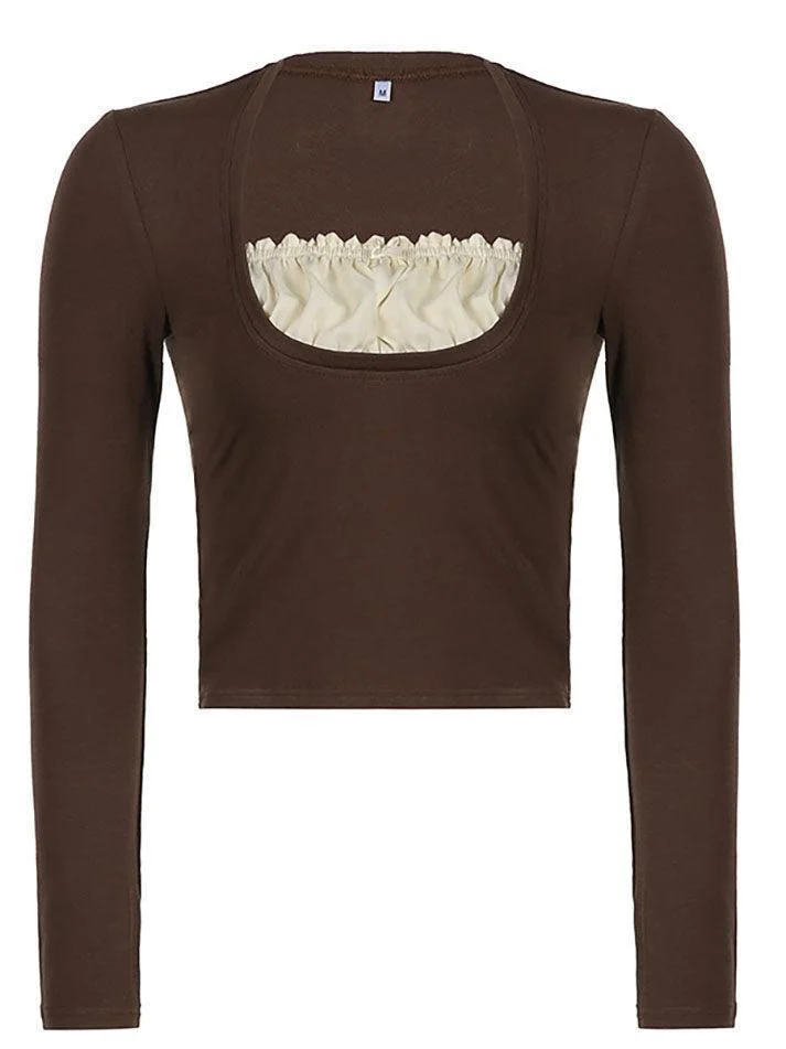 Brownm Square collar Lace Crop Top