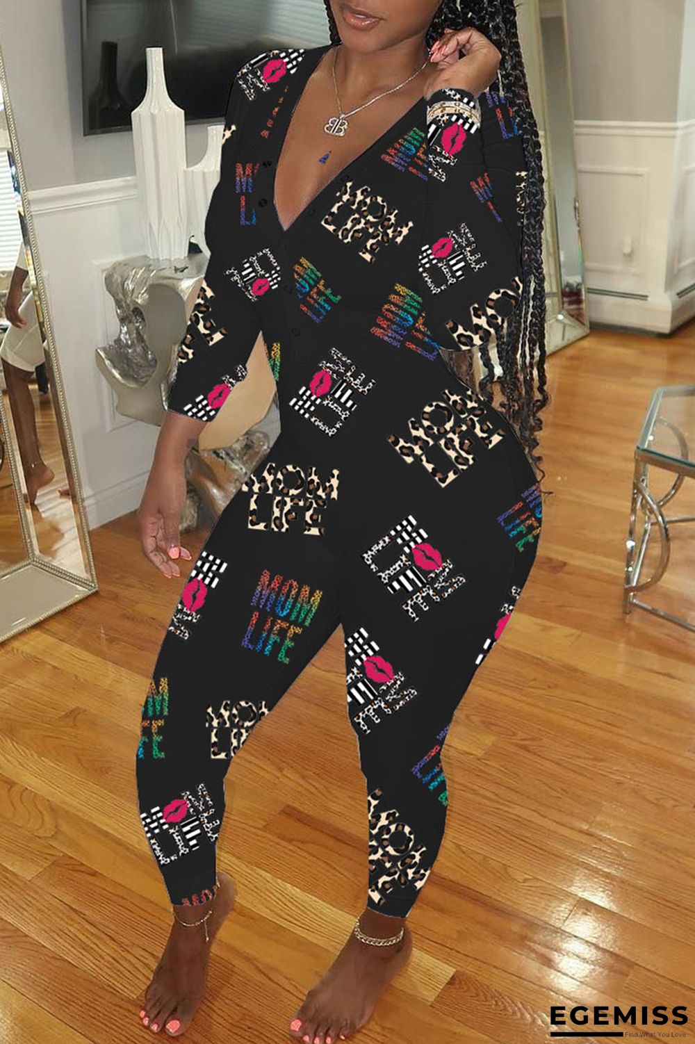 Black Casual Print Buttons V Neck Regular Jumpsuits | EGEMISS