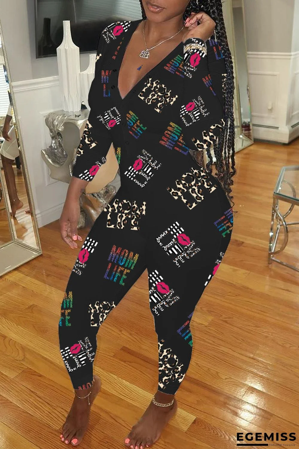 Black Casual Print Buttons V Neck Regular Jumpsuits | EGEMISS