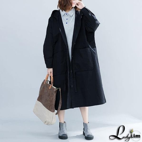 Black Casual Trench For Women Bandage Coats Hooded Button Pockets Loose Women Cloths