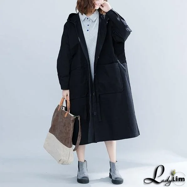 Black Casual Trench For Women Bandage Coats Hooded Button Pockets Loose Women Cloths