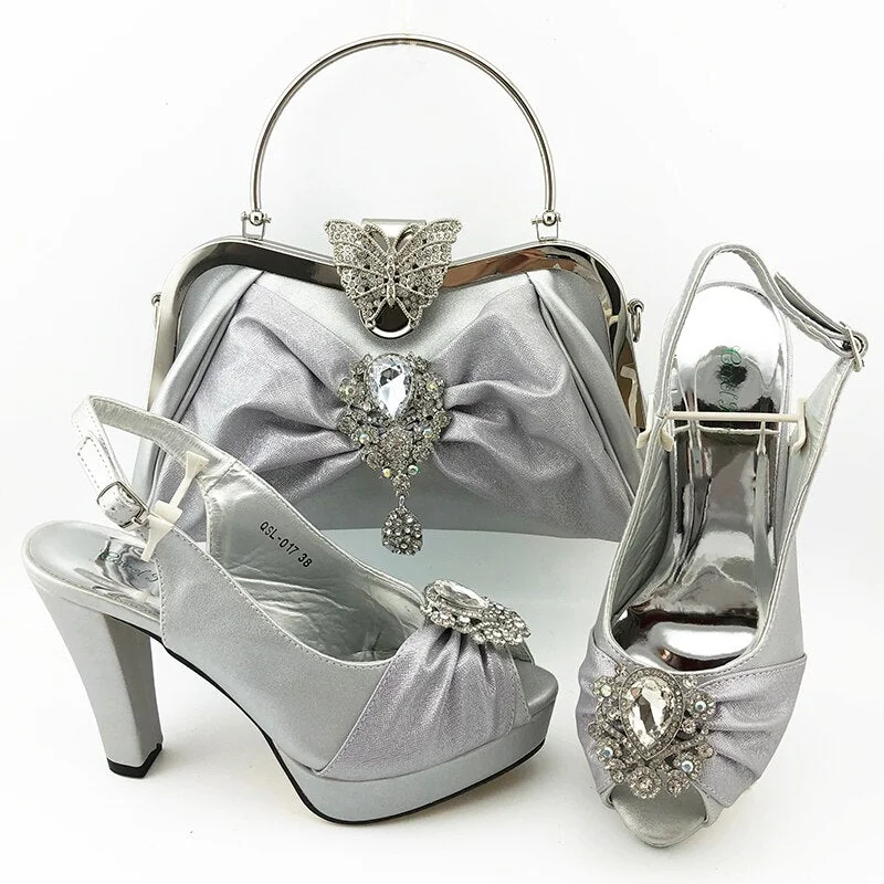 Sky Blue Women Matching Shoes and Bag Set Office Lady Shoes and Bag Mature Style Shoes for Party with Shinng Crystal