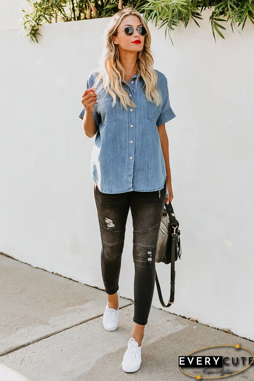 Light Blue Turn-down Collar Short Sleeve Denim Shirt