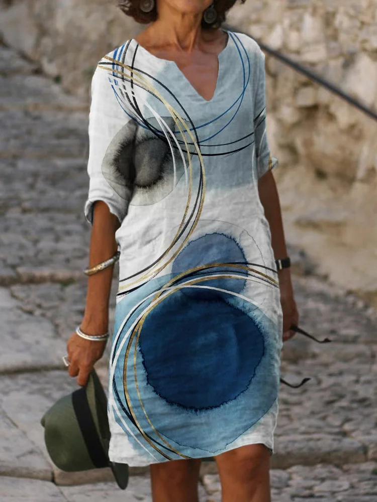 Indigo Watercolor Art Notch Neck Midi Dress