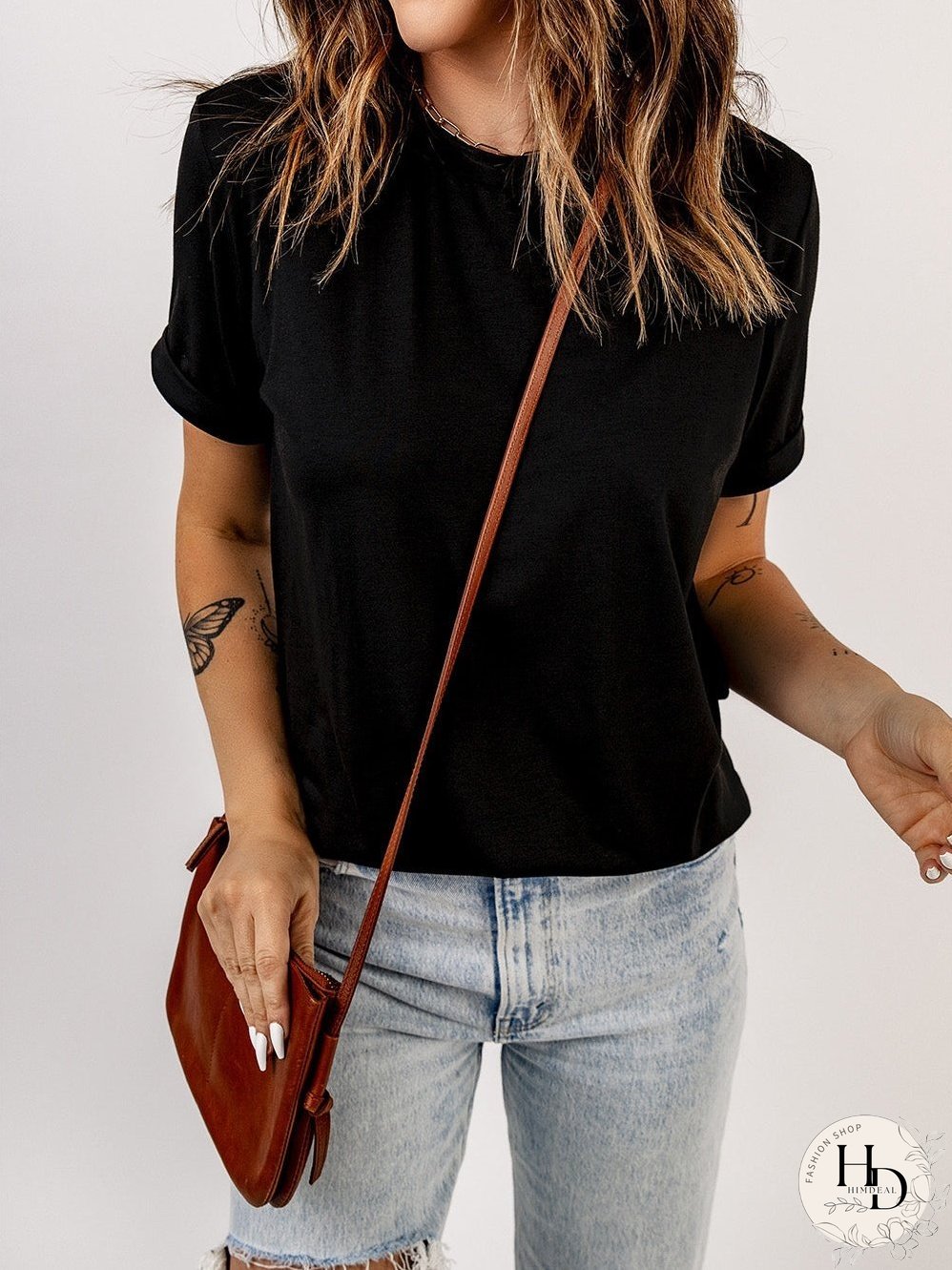 Chic Black Round Neck Short Sleeve Tee
