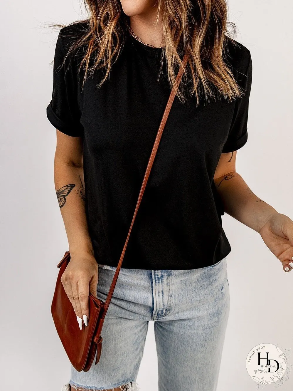 Chic Black Round Neck Short Sleeve Tee