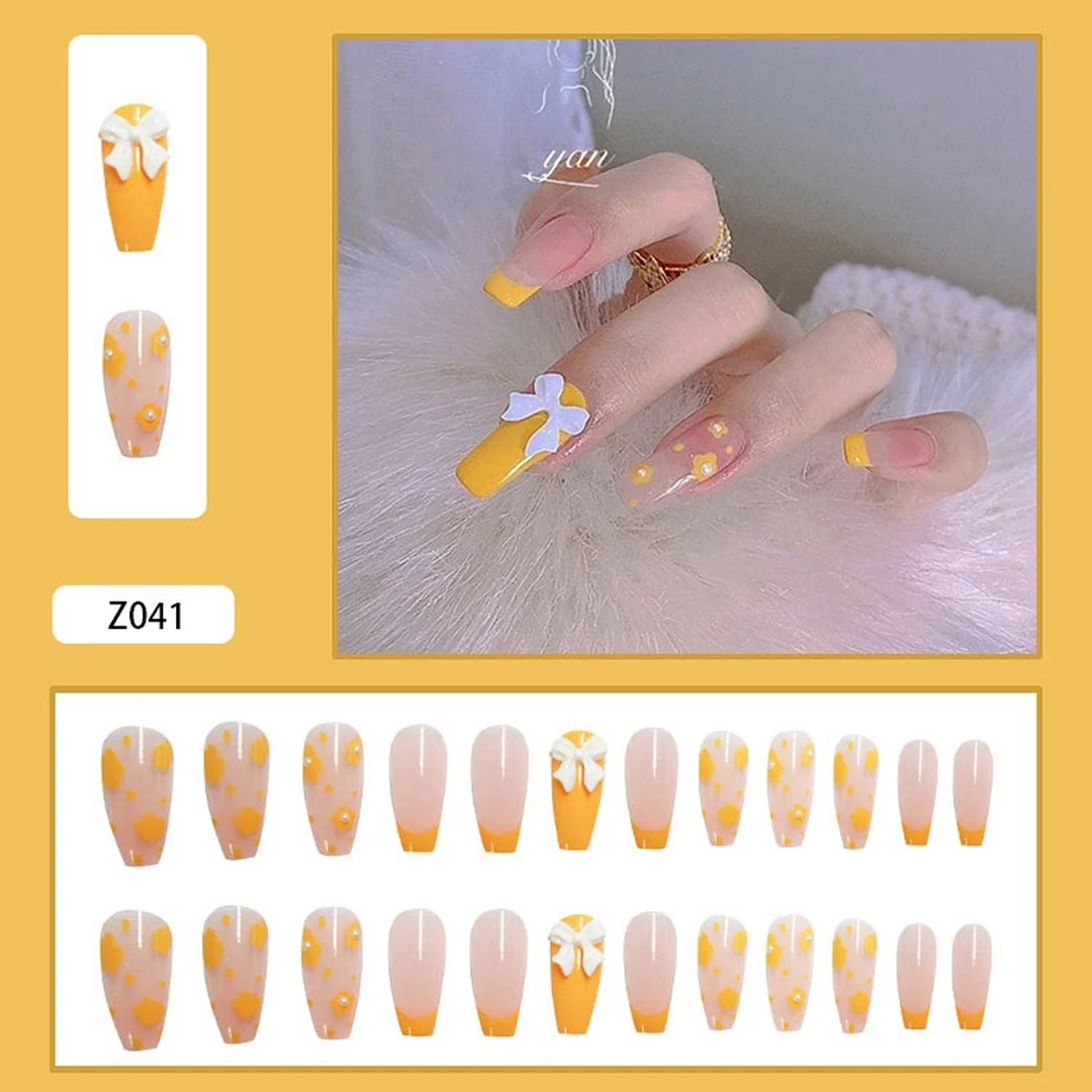 24Pcs French False Nails with Butterfly Rhinestone Designs Long Coffin Artificial Fake Nails Press on Nails With Glue Manicure 0917-Nail Inspo