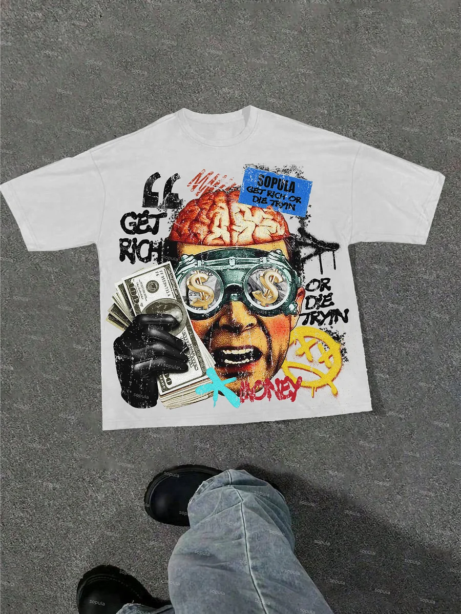 Vintage Get Rich Money Portrait Print Cotton T-shirt