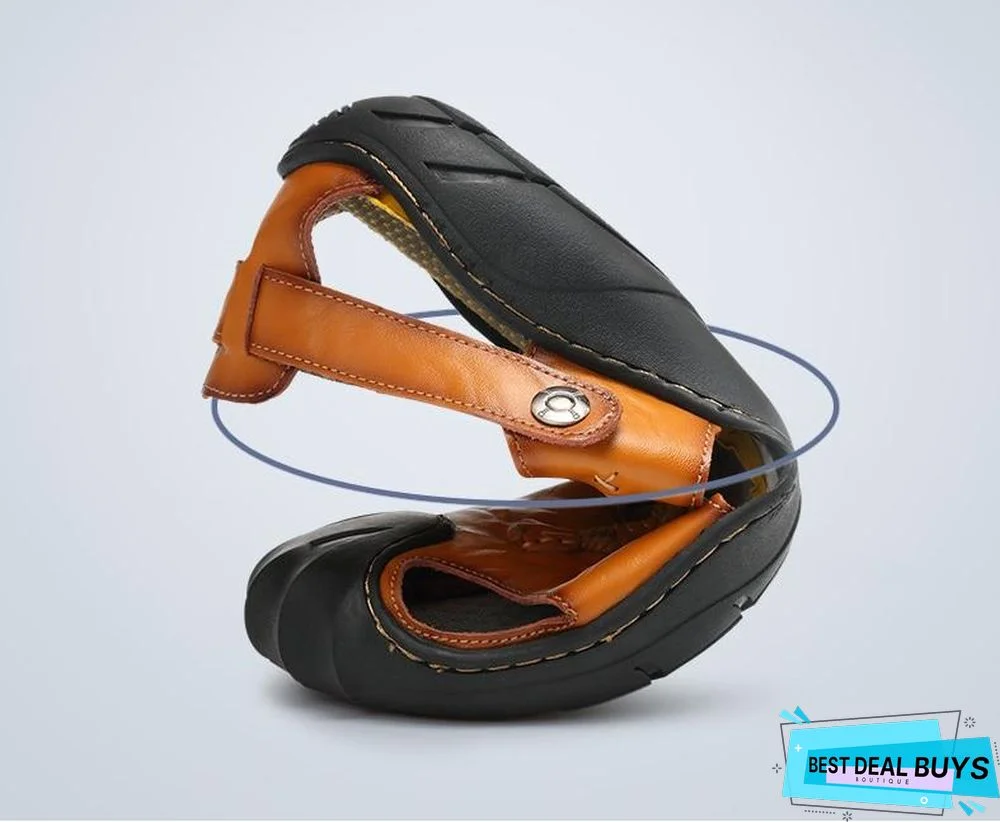 Mens Genuine Split Leather Beach Sandals Sneakers Men Slippers Flip Flops Summer Shoes