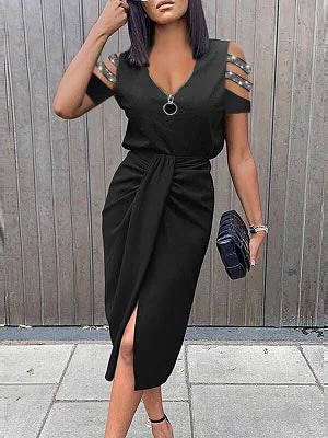 Zip Up Cold Shoulder Front Split Midi Dress