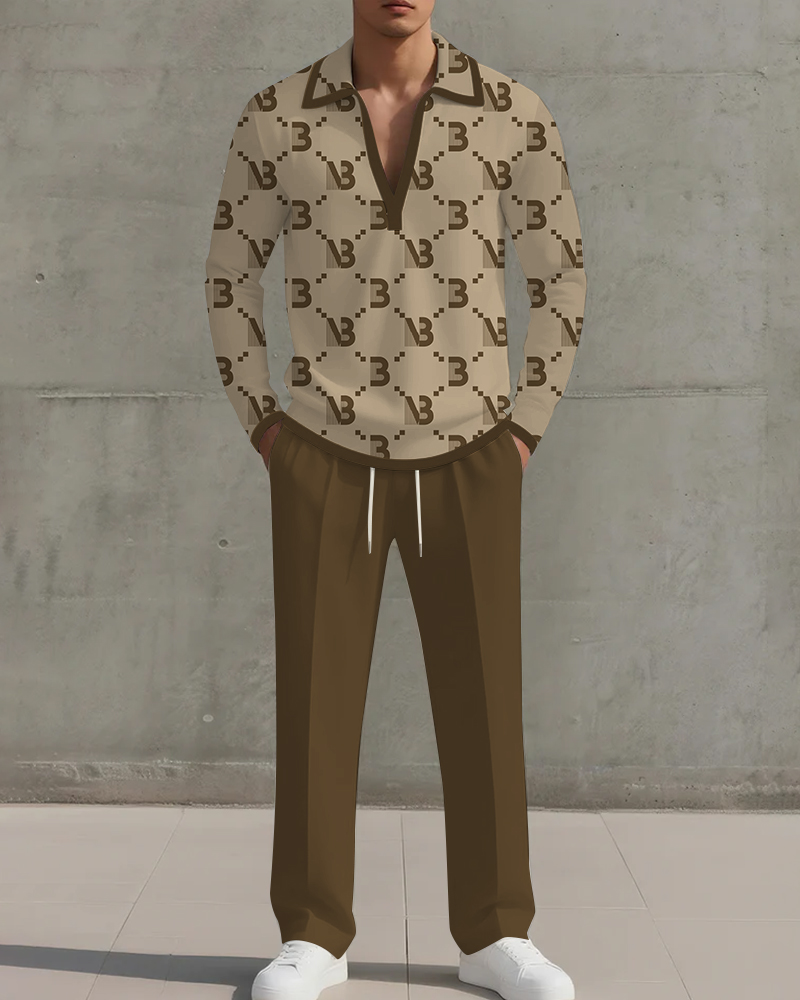 Big & Tall Men's Khachi Geometric Print POLO V-Neck Long Sleeve Pants Two-Piece Set