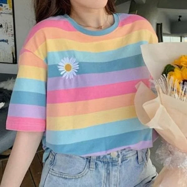 Kawaii Rainbow Striped Daisy Embroidered Loose T-shirt SP14970