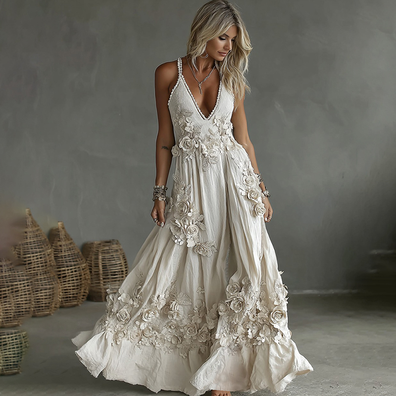 Women's Vintage Rose Embroidery Art V-neck Casual Camisole Dress artswardrobe