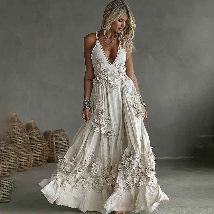 Women's Vintage Rose Embroidery Art V-neck Casual Camisole Dress