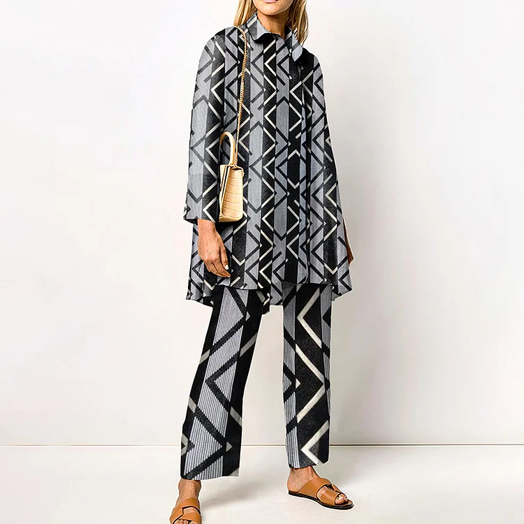 Long Sleeve Geometric Print Two Piece Set