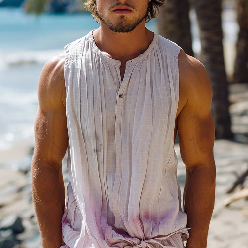 Men's Casual Retro Casual Pleated Henley Neck Linen Vest-inspireuse
