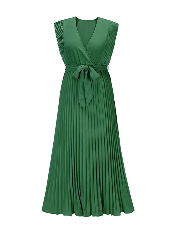 Tied Waist Split-Joint Solid Color Pleated Floral Sleeveless Loose V-Neck Maxi Dresses