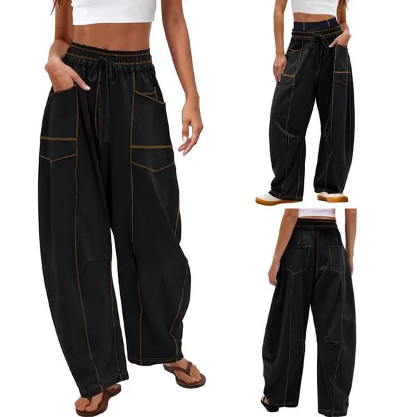 Womens Baggy Barrel Pants Wide Leg Lounge Drawstring Sweatpants with Pockets