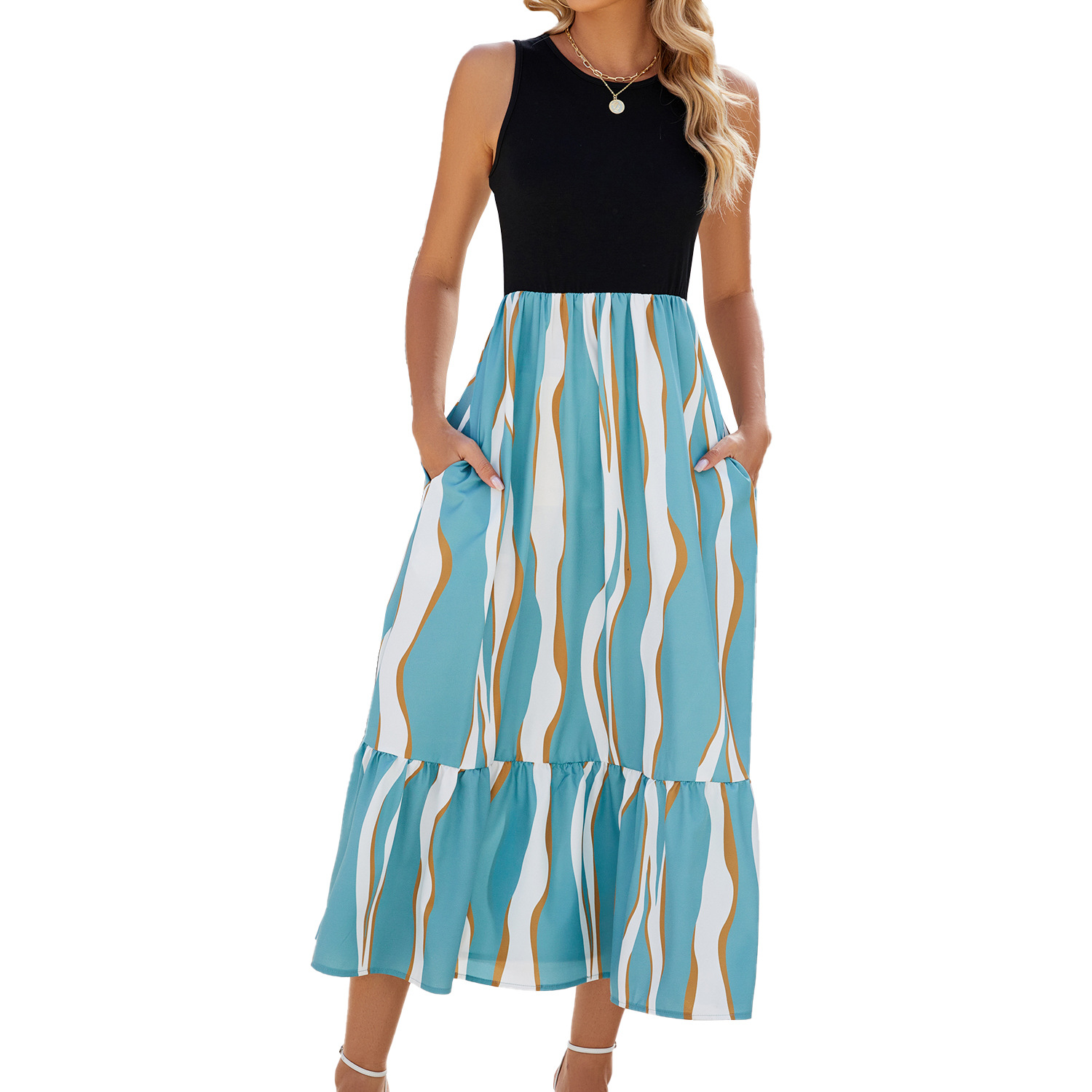 Mature Women Summer Round Neck Sleeveless Long Dress