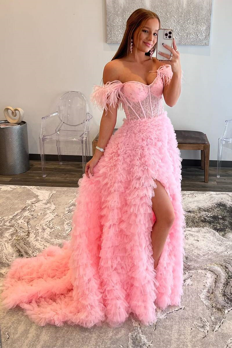 Dresseswow Off-the-Shoulder Pink Prom Dress Feather With Tulle Split