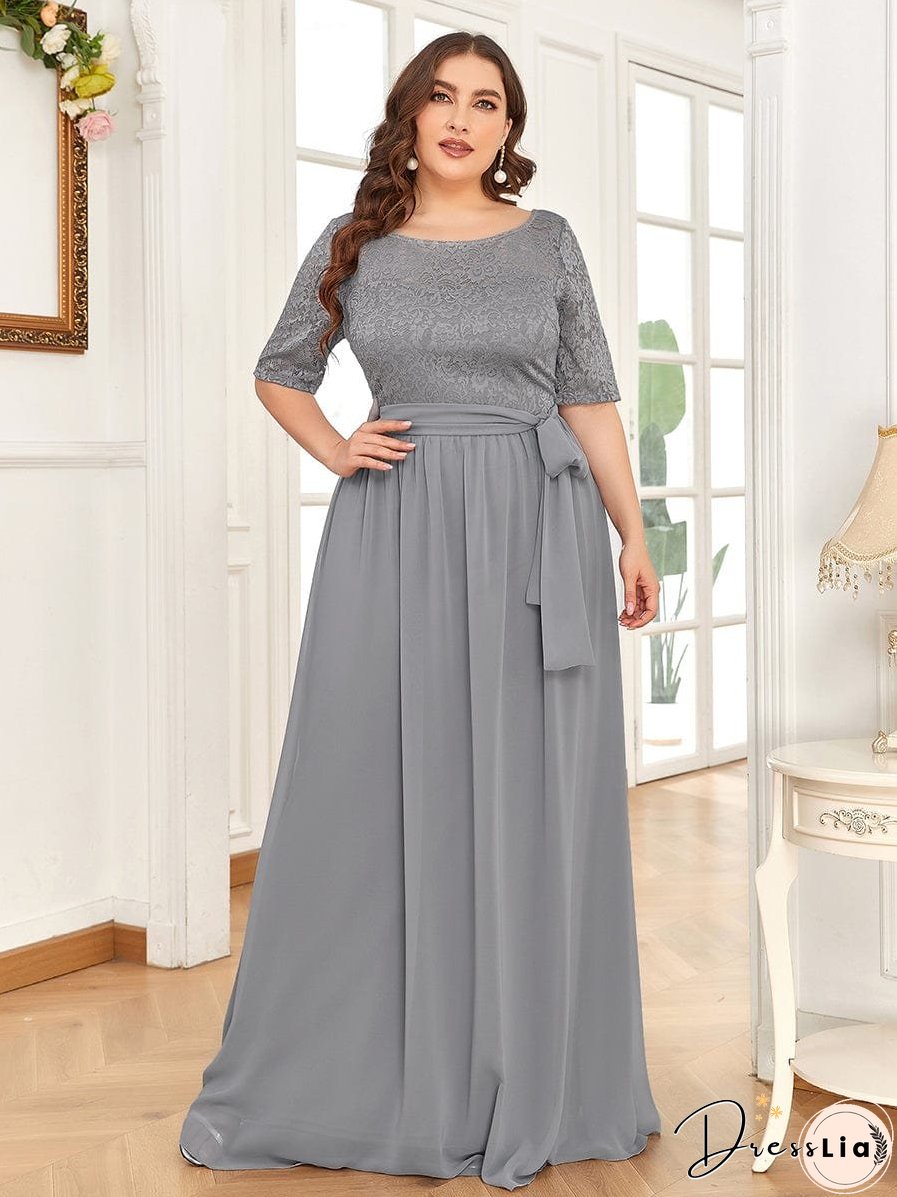 Sophisticated Lace Bodice Chiffon Maxi Evening Gown with Belt for Elegant Occasions