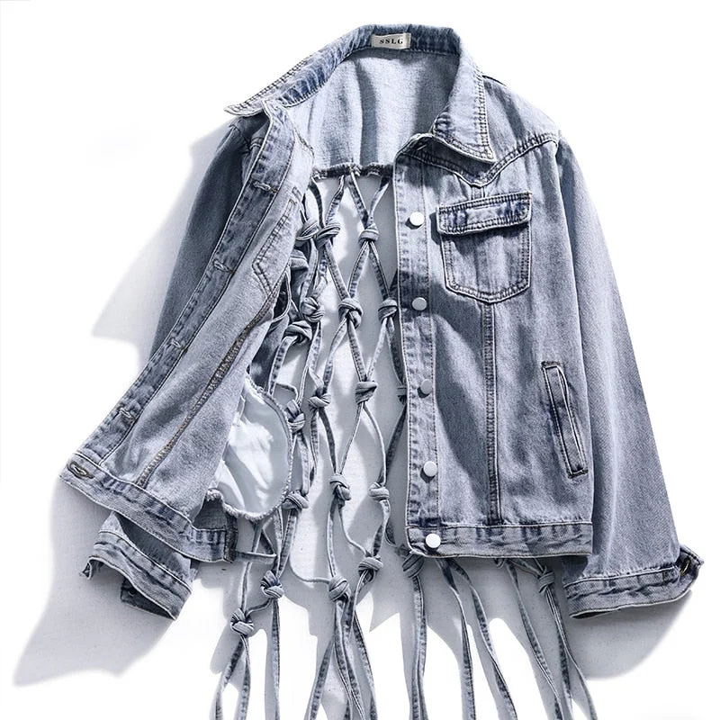 2021 new Women Sexy Backless Jean Jacket Lapel Collar Long Sleeve Tassel Bandages Summer Coat Female Fashion Tide Female Jacket