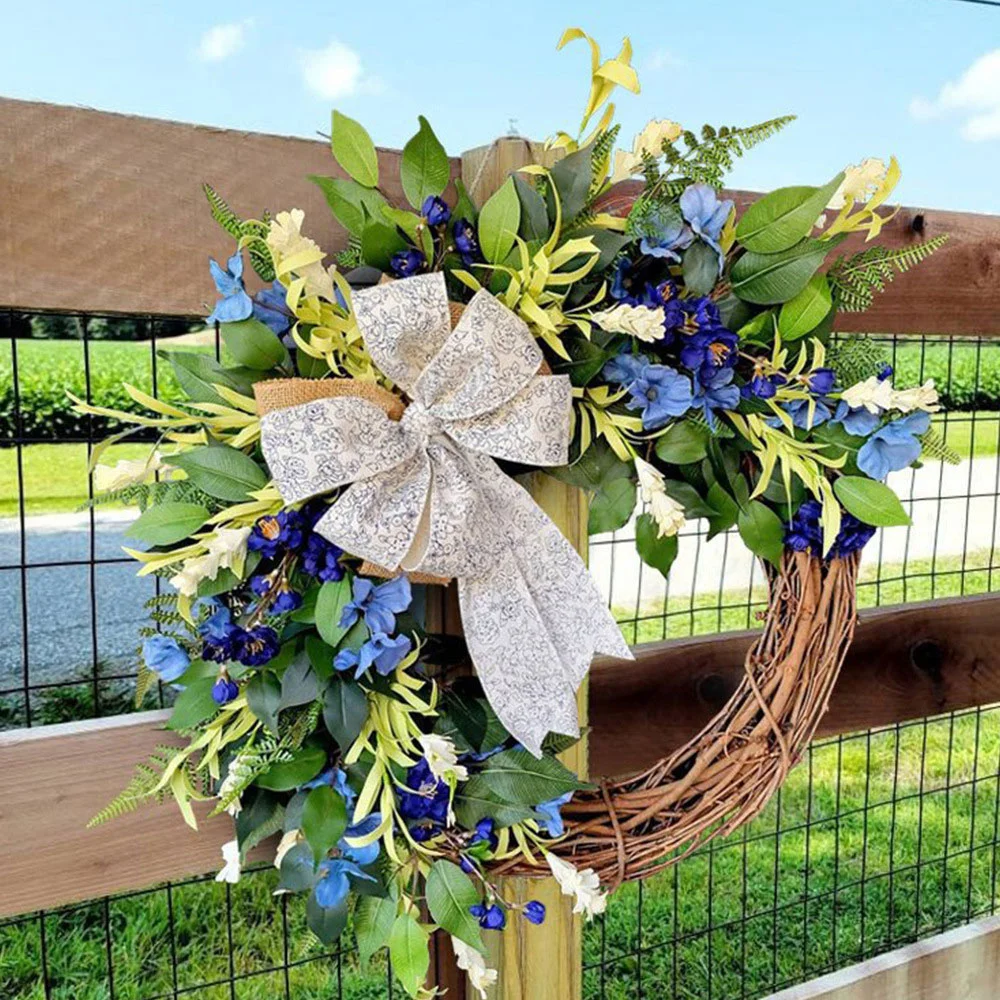Spring Natural Rattan Bow Blue Holiday Wreath Ornament