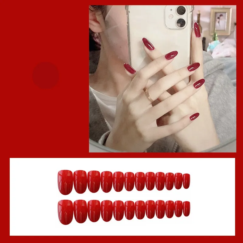 Girls Candy Pink Color False Nails Women Nature Nude Jelly Fake Nail Short Round Head Full Cover Nail Art Tips With Glue 24pcs-Nail Inspo
