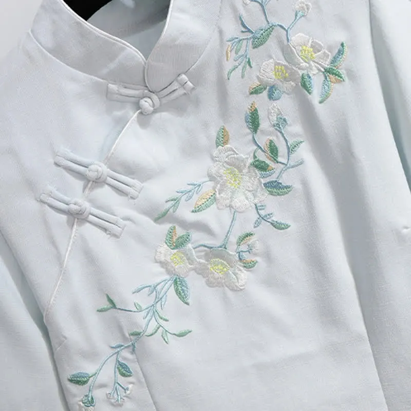 Vintage Hanfu Floral Embroidery Shirt Skirt Two Pieces Set