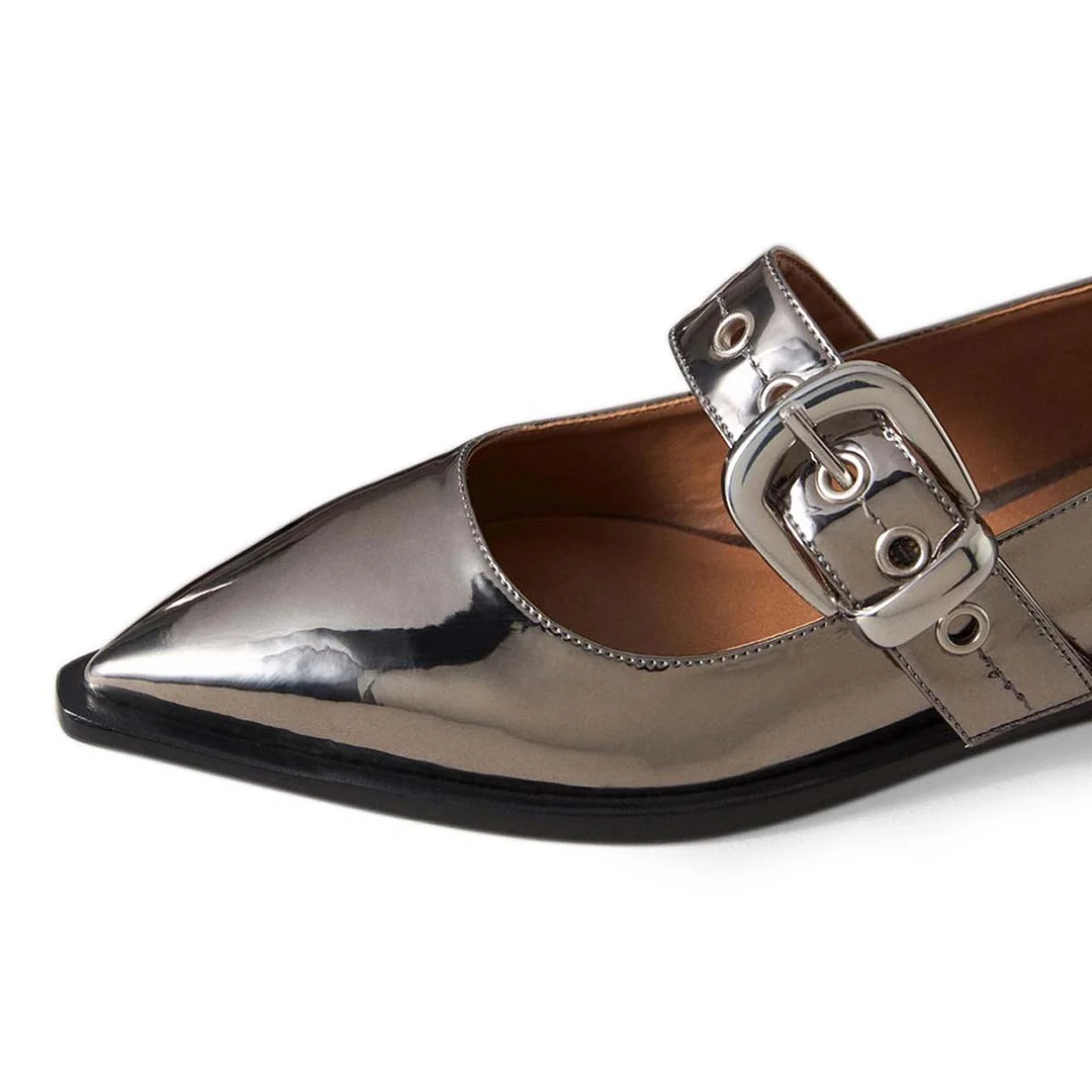 Silver Patent Buckle Strap Pointed Toe Flat Women Mary Jane Shoes