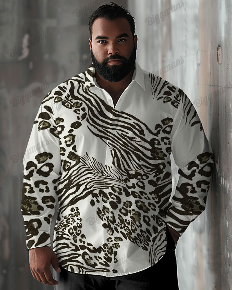 Plus Size Men's Casual Simple Irregular Leopard Print Lapel Long Sleeve Shirt