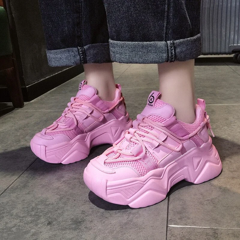 Platform Sneakers Women 2021 New Fashion Height Increasing Chunky Shoes Solid Pink Black Girls Casual Sneakers Trainers