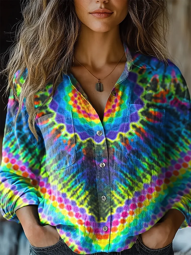 Women's Trippy Tie Dye Kaleidoscope Print Casual Long Sleeve Comfortable Cotton Shirt