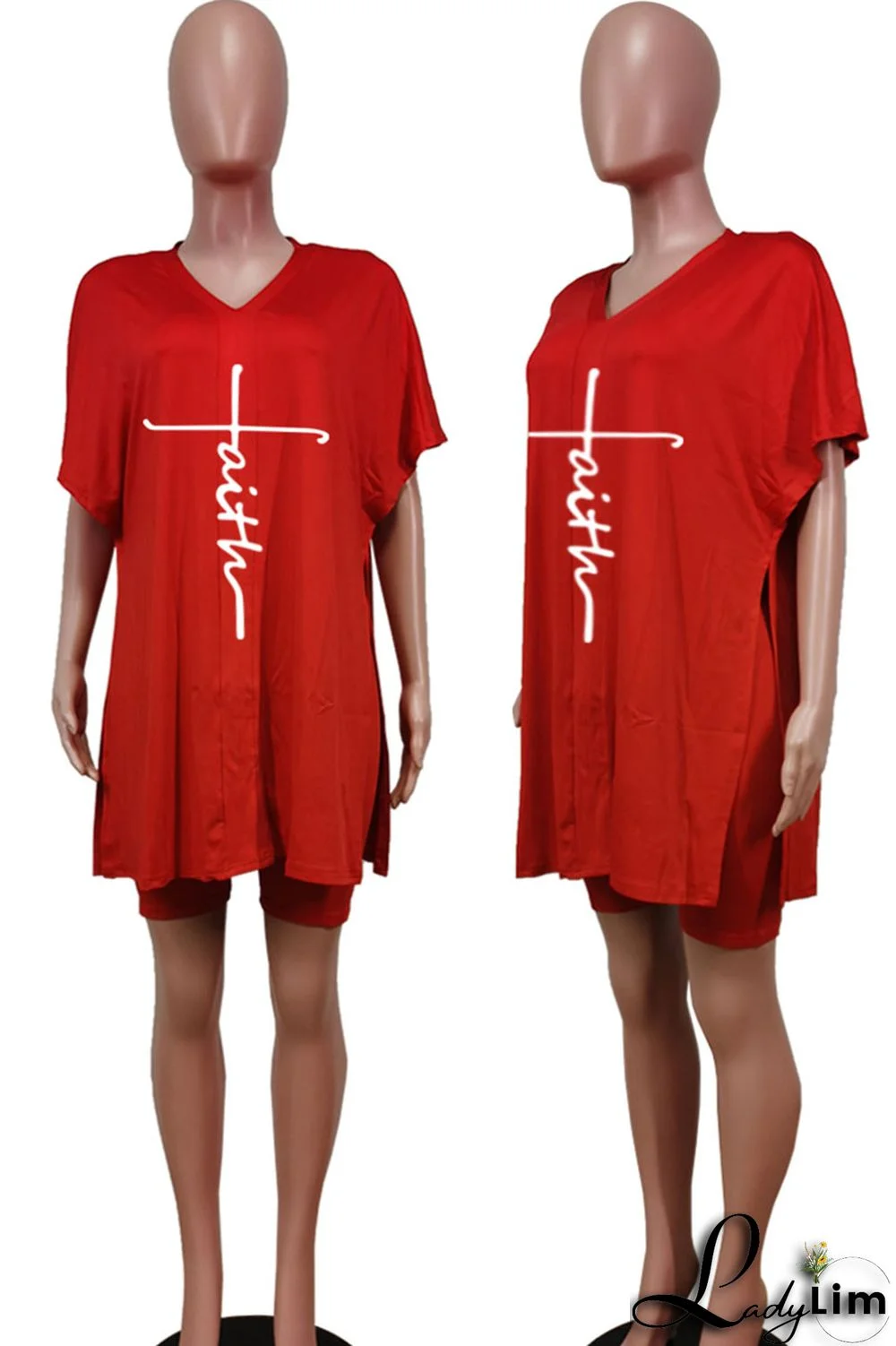 Tangerine Red Casual Print Split Joint V Neck Short Sleeve Two Pieces