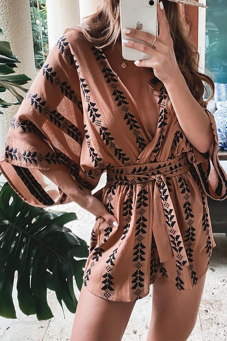 Casual Living Print Knotted With Belt V Neck Loose Jumpsuits - Life is Beautiful for You - SheChoic