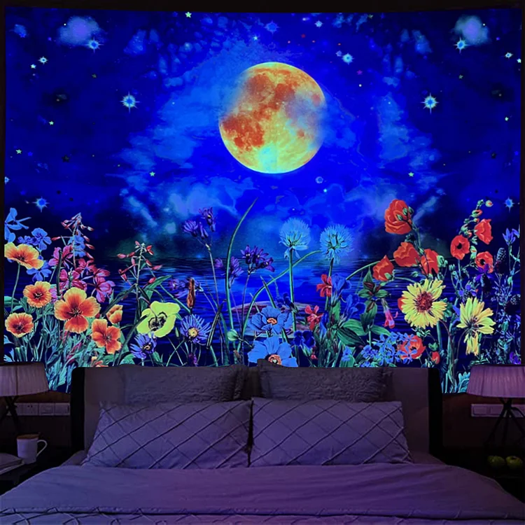 Moon and Flowers - Black Light Tapestry【Limited Time Discount】