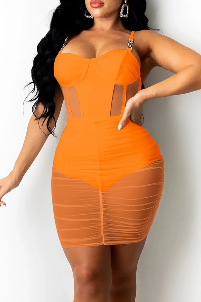 Orange Sexy Solid Patchwork See-through Fold Spaghetti Strap Pencil Skirt Dresses | EGEMISS