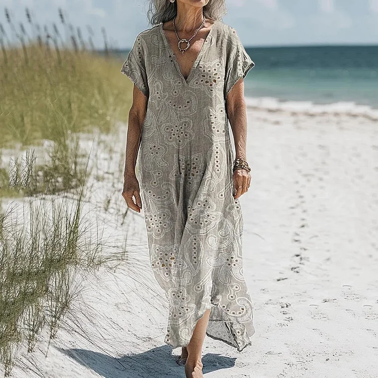 Women's Vintage Lace Flower Art Print V Neck Casual Midi Dress