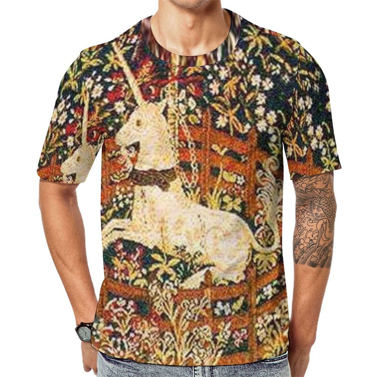 Medieval Captive Unicorn Tapestry Short Sleeve Print Unisex Tshirt Summer Casual Tees for Men and Women Coolcoshirts