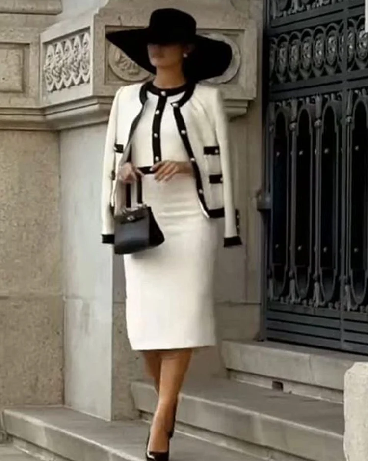 Elegant tweed jacket and dress two-piece set
