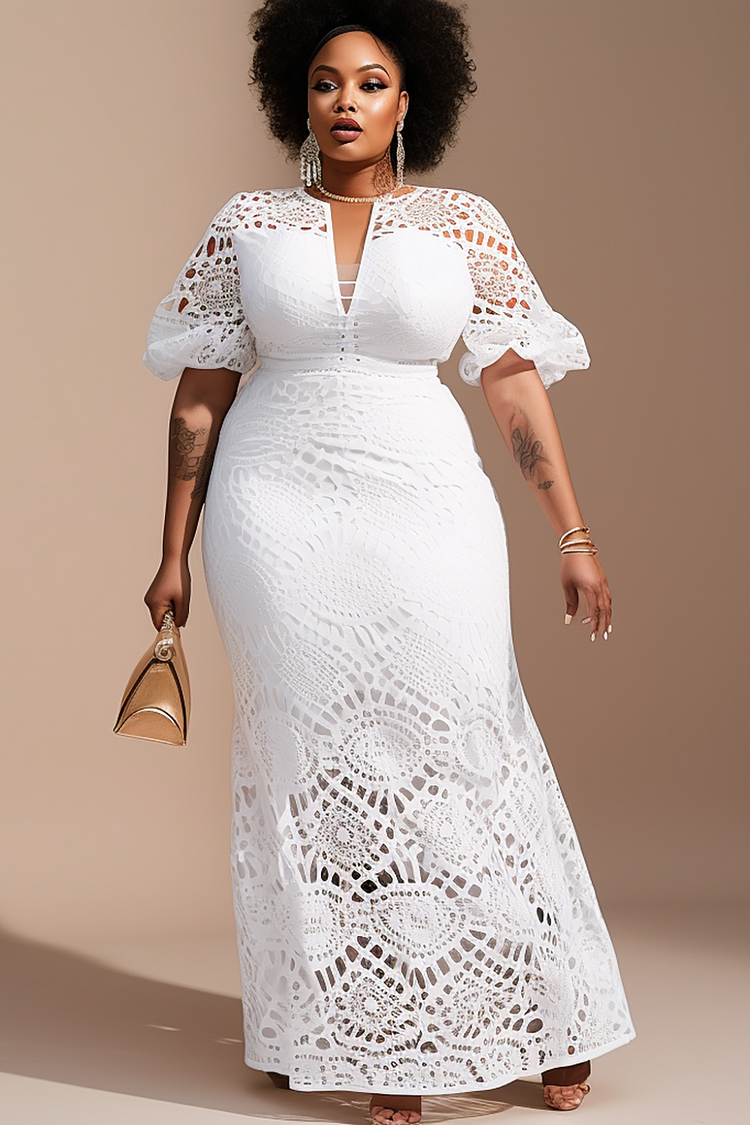 Xpluswear Design Plus Size Mother Of The Bride Elegant White Round Neck Puff Sleeve Short Sleeve Hollow Lace Maxi Dresses 
