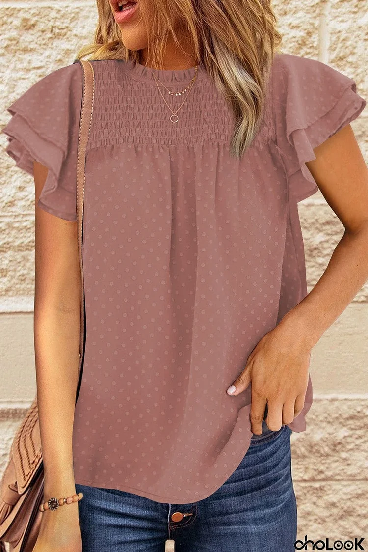 Tiered Sleeve Frilled Neck Dotted Top