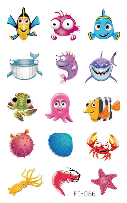 24 kinds Temporary Tattoo Stickers for Kids Cute Cartoon Tropical Fish Marine faux tatouage temporaire Disposable Children Gift