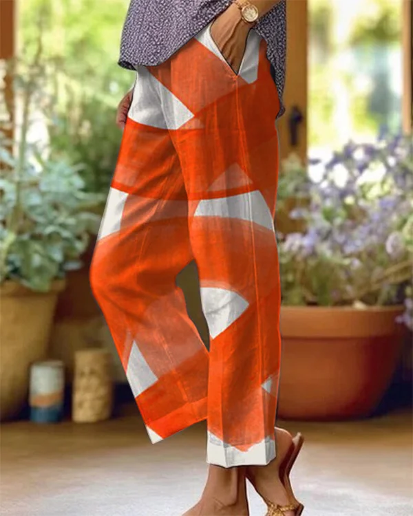 Vintage Orange Abstract Art Print Loose Cotton and Linen Casual Pants
